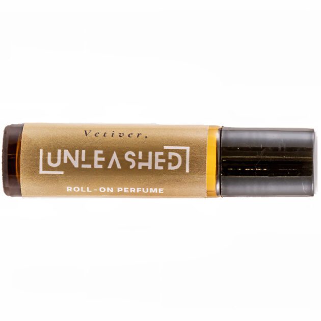 UNLEASHED Vetiver natural perfume bottle with vetiver ginger sandalwood, laurel vetiver, frankincense