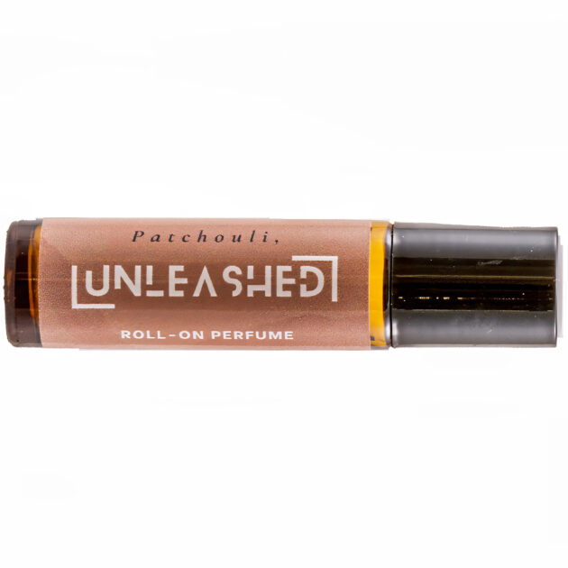 UNLEASHED Patchouli natural perfume bottle with vetiver ginger sandalwood, frankincense, rose
