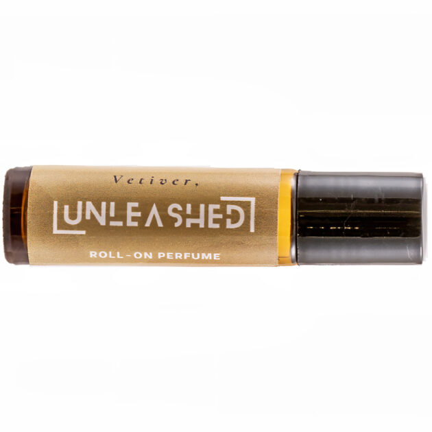 UNLEASHED Vetiver natural perfume bottle with vetiver ginger sandalwood, laurel vetiver, frankincense